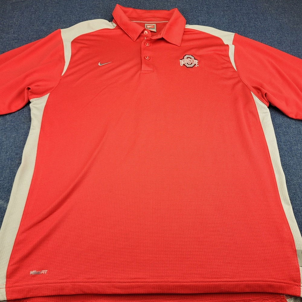 Nike Team Ohio State Buckeyes Mens Large Red Grey Waffle Knit Polo Shirt NCAA